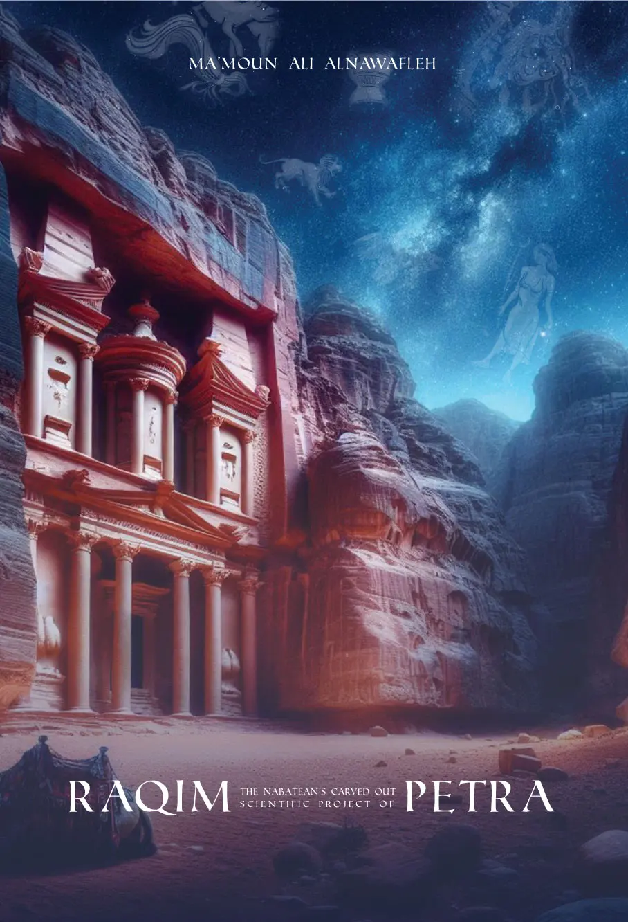 Cover of the book 'Raqim: The Nabataeans' Carved Out Scientific Project of Petra' by Ma’moun Ali Al-Nawafleh, featuring Petra's iconic Al-Khazneh under a starry night sky with ancient celestial symbols.